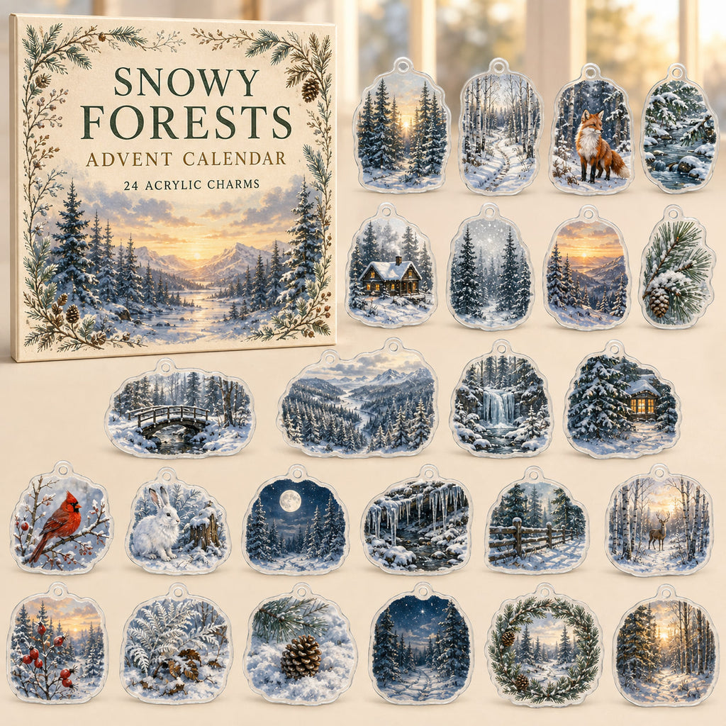 Snowy Forests advent calendar box and 24 printed acrylic nature charms