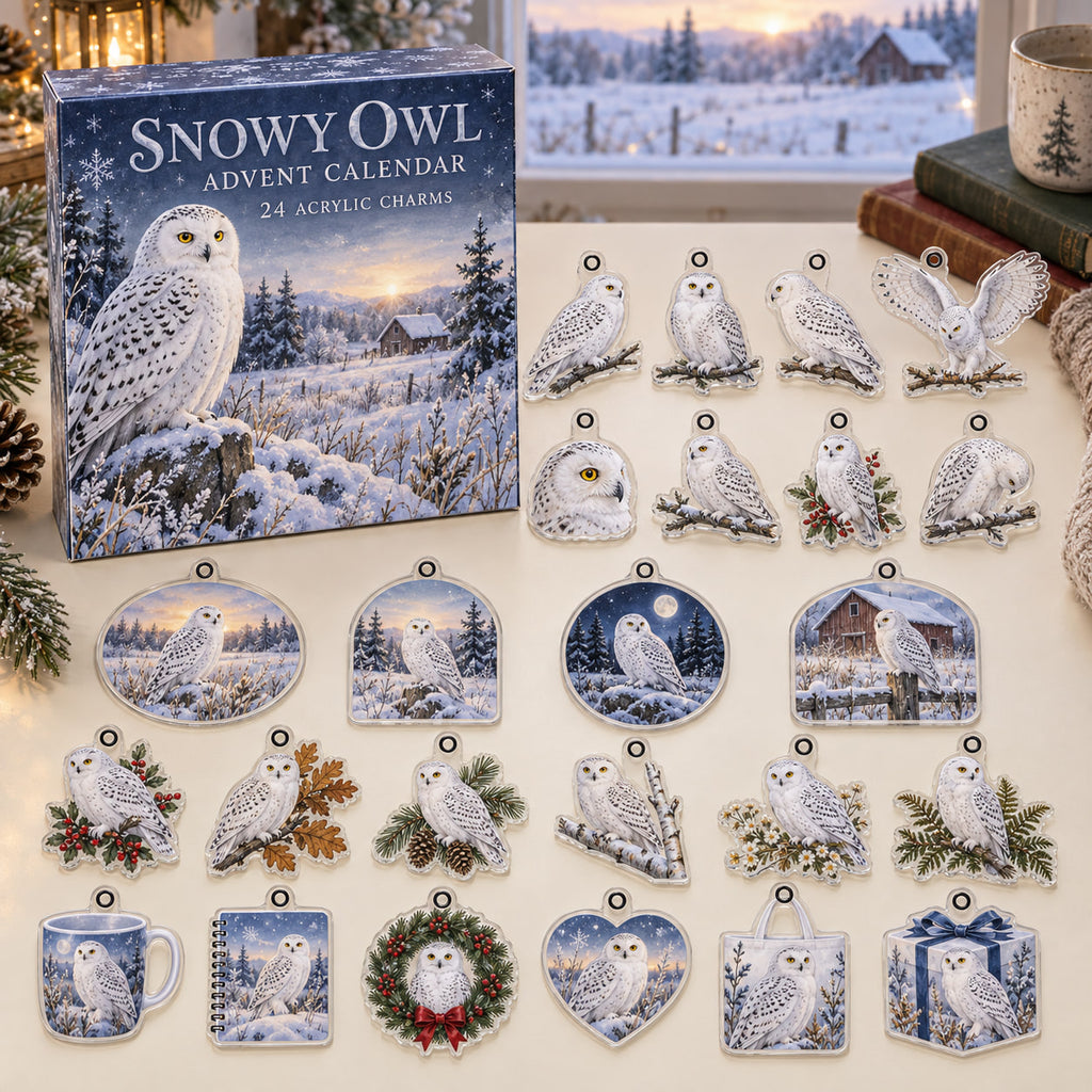 Snowy Owl advent calendar box with 24 themed flat printed acrylic charms