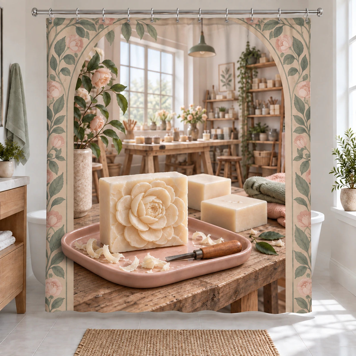 Soap Carving Floral Atelier Shower Curtain with original printed optical 3D artwork