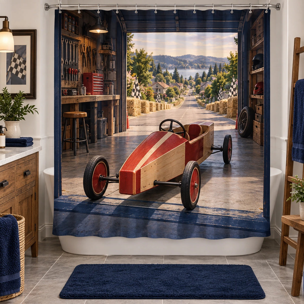 Soapbox Racing Workshop Shower Curtain with original printed optical 3D artwork