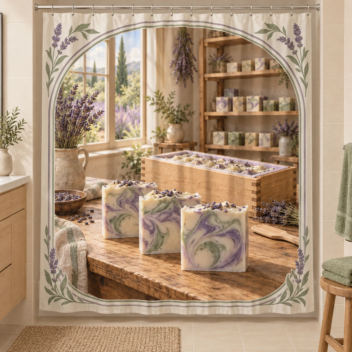 Soapmaking Lavender Atelier Shower Curtain with original printed optical 3D artwork