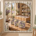 Soapmaking Lavender Atelier Shower Curtain with original printed optical 3D artwork
