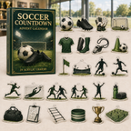 Soccer Countdown advent calendar gift box with 24 illustrated acrylic charms arranged on a light tabletop