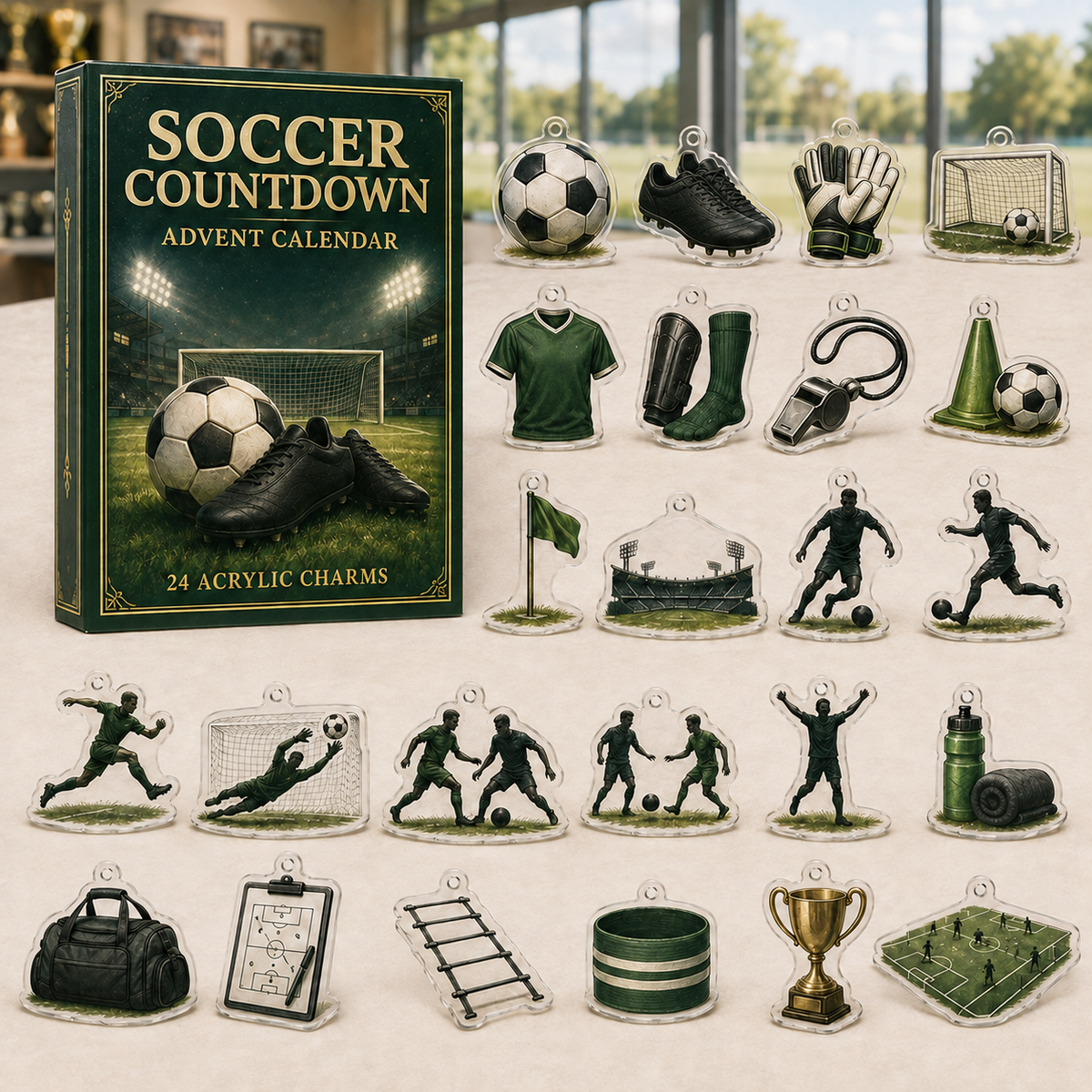 Soccer Countdown advent calendar gift box with 24 illustrated acrylic charms arranged on a light tabletop