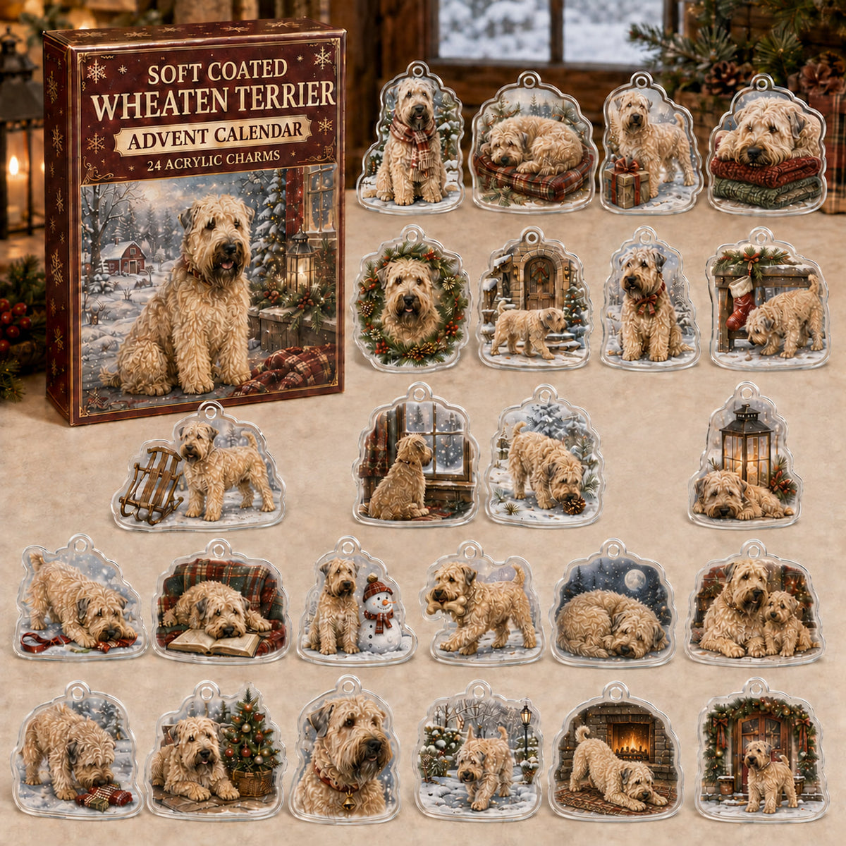 Soft Coated Wheaten Terrier advent calendar box and 24 illustrated acrylic charms displayed on an ivory tabletop in a winter setting