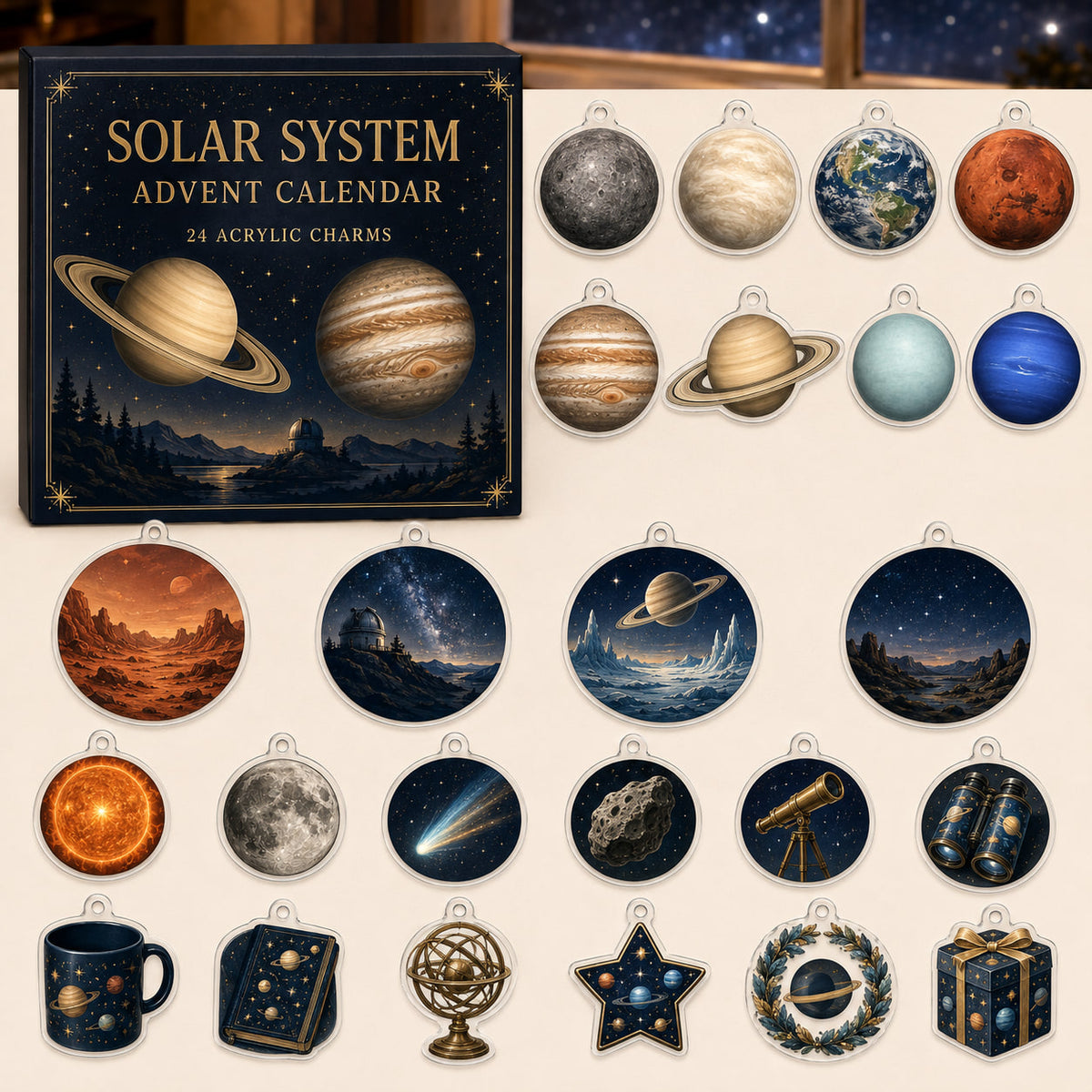 Solar System advent calendar box with24 printed acrylic astronomy-themed charms