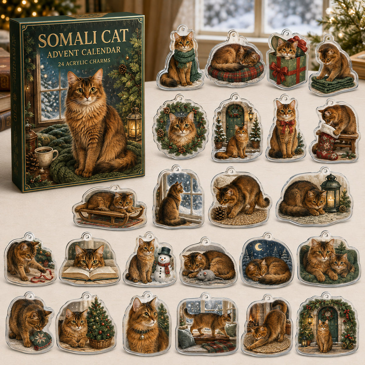 Somali Cat advent calendar box and 24 illustrated acrylic charms displayed on an ivory tabletop in a winter setting