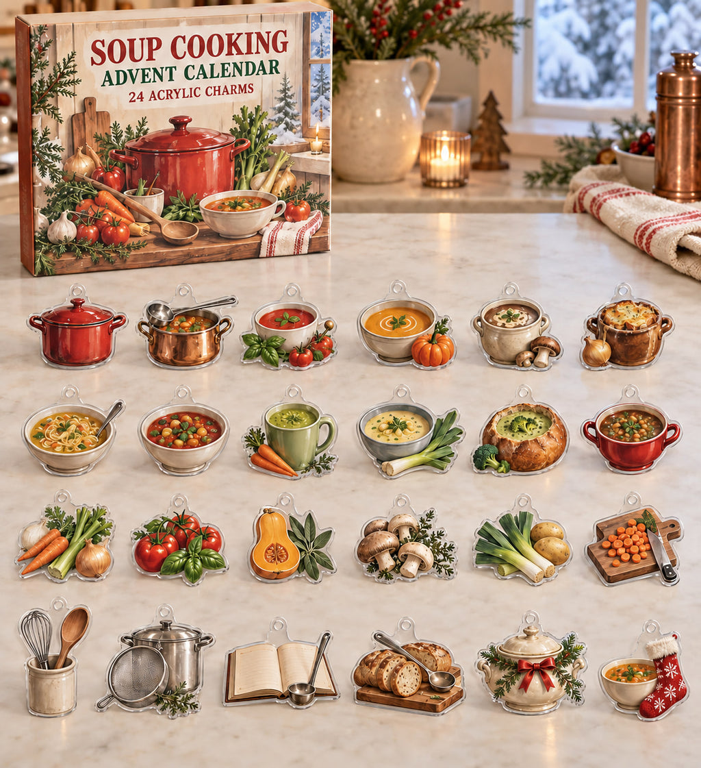 Soup Cooking advent calendar with 24 custom-shaped flat acrylic charms and printed dimensional artwork
