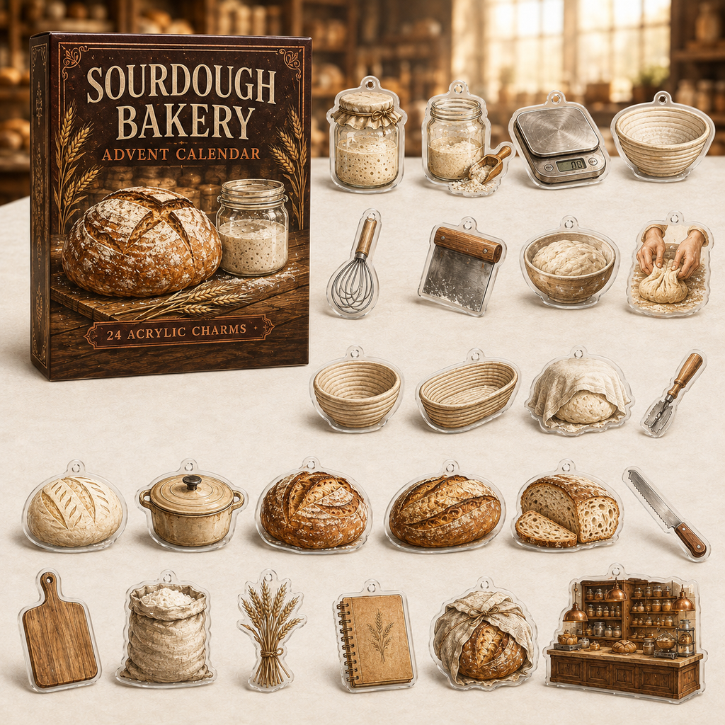 Sourdough Bakery advent calendar gift box with 24 illustrated acrylic charms arranged on a light tabletop