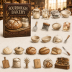 Sourdough Bakery advent calendar gift box with 24 illustrated acrylic charms arranged on a light tabletop