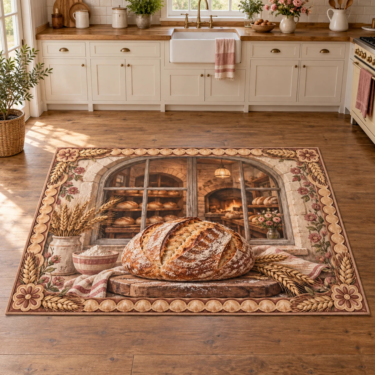 Area Rug with printed sourdough loaf, bakery window and wheat border in a home baking kitchen