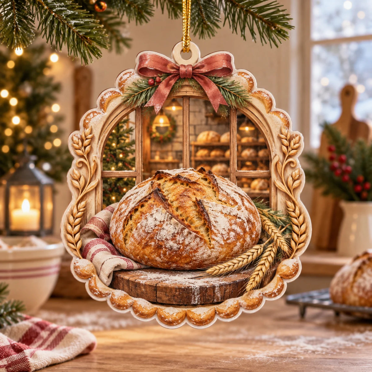 Christmas Ornament with printed sourdough loaf, bakery window and wheat border in a home baking kitchen