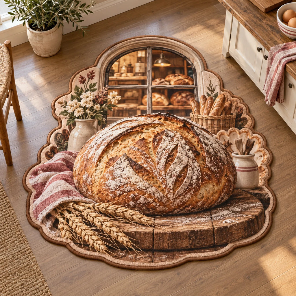 Custom Shape Area Rug with printed sourdough loaf, bakery window and wheat framing in a home baking kitchen