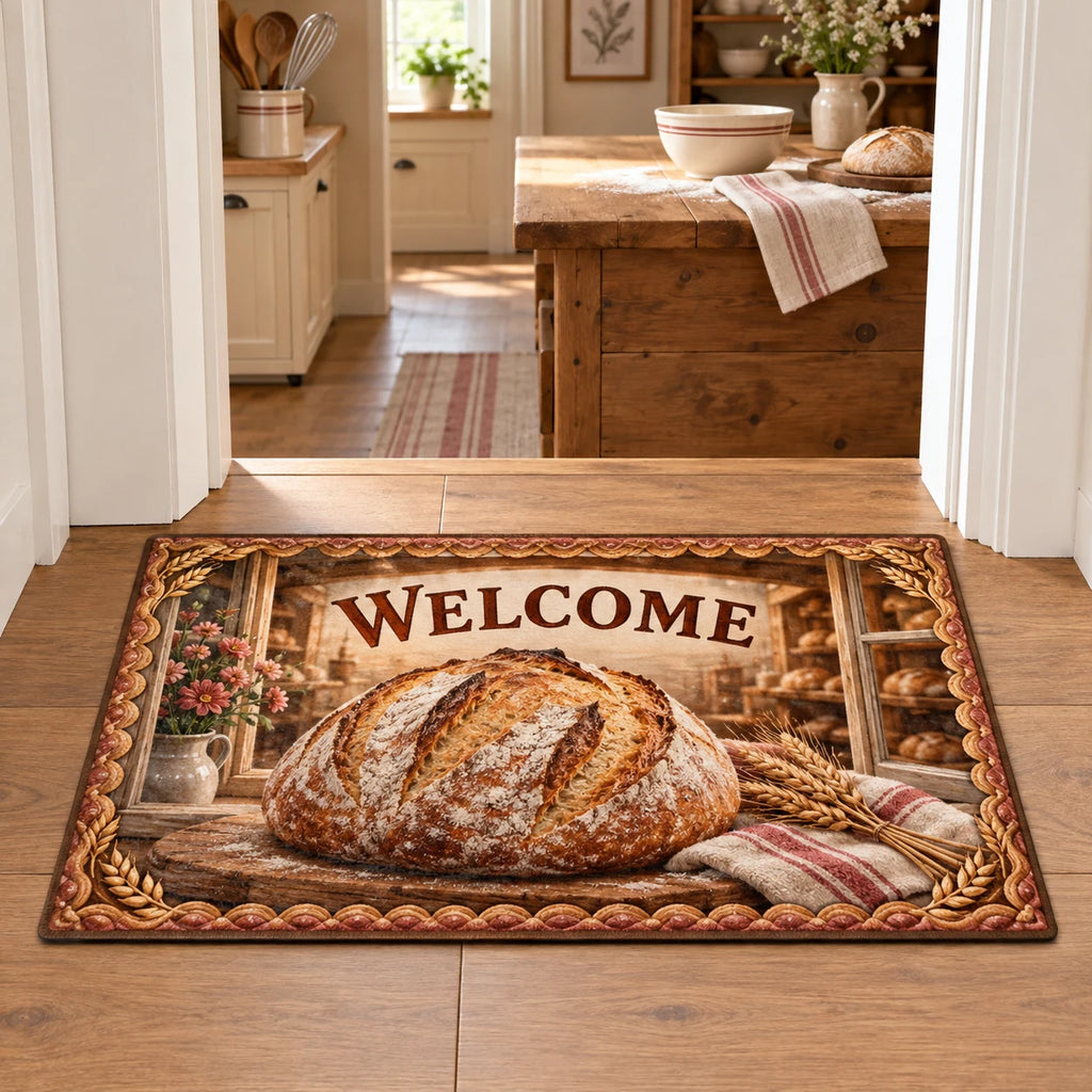 Doormat with printed sourdough loaf, bakery window and wheat border in a home baking kitchen