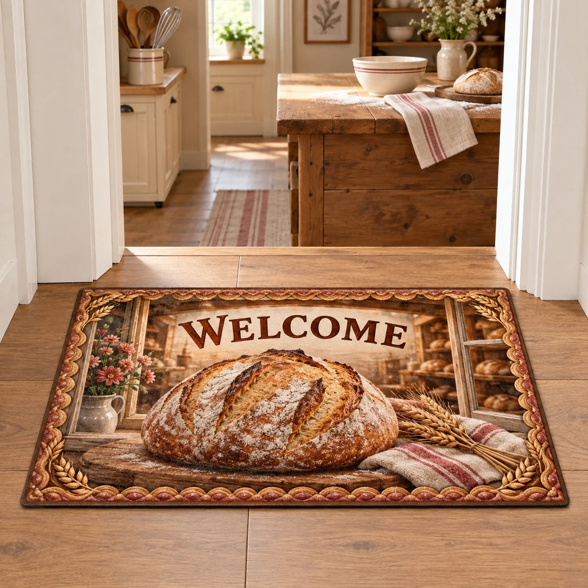 Doormat with printed sourdough loaf, bakery window and wheat border in a home baking kitchen