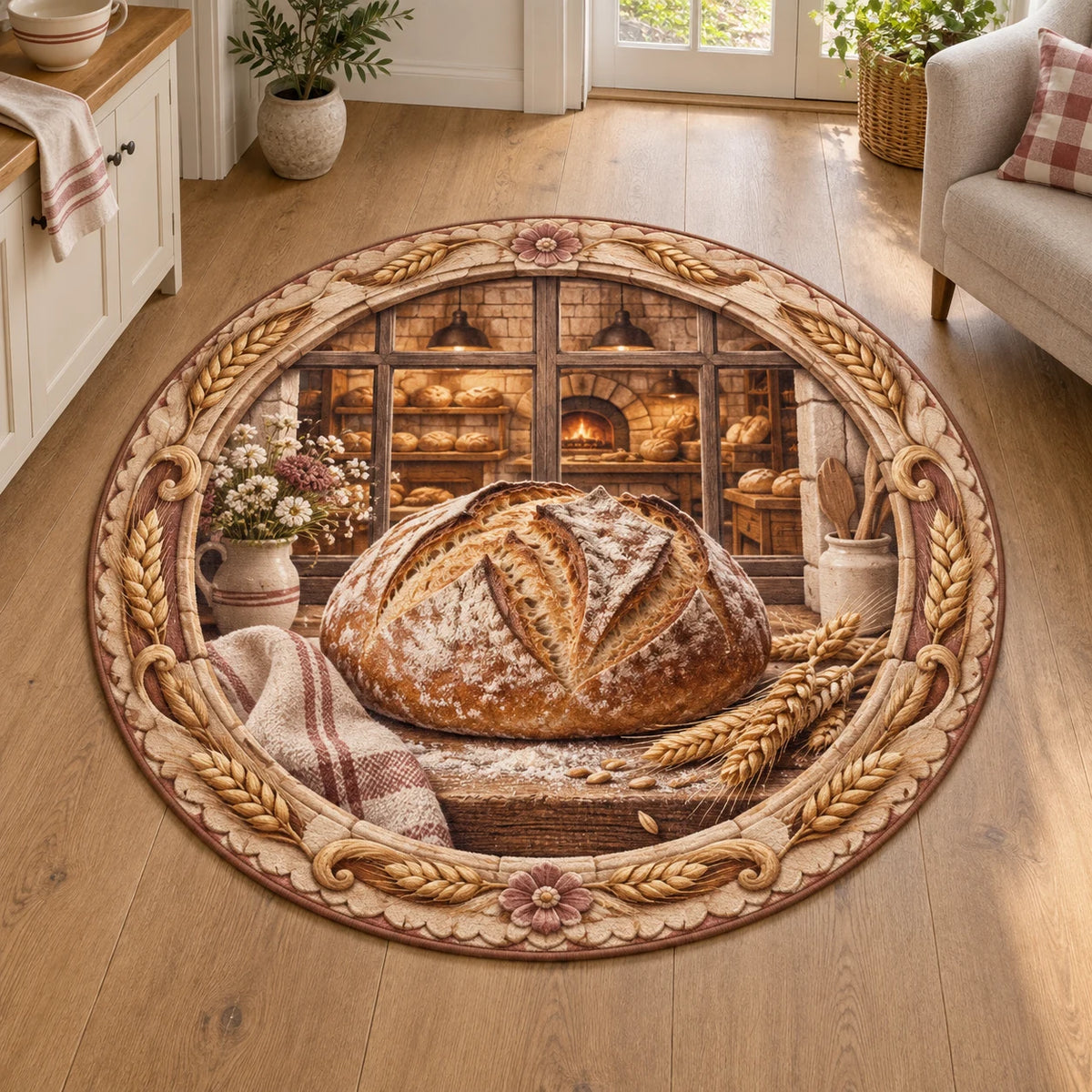 Round Mat Rug with printed sourdough loaf, bakery window and wheat border in a home baking kitchen