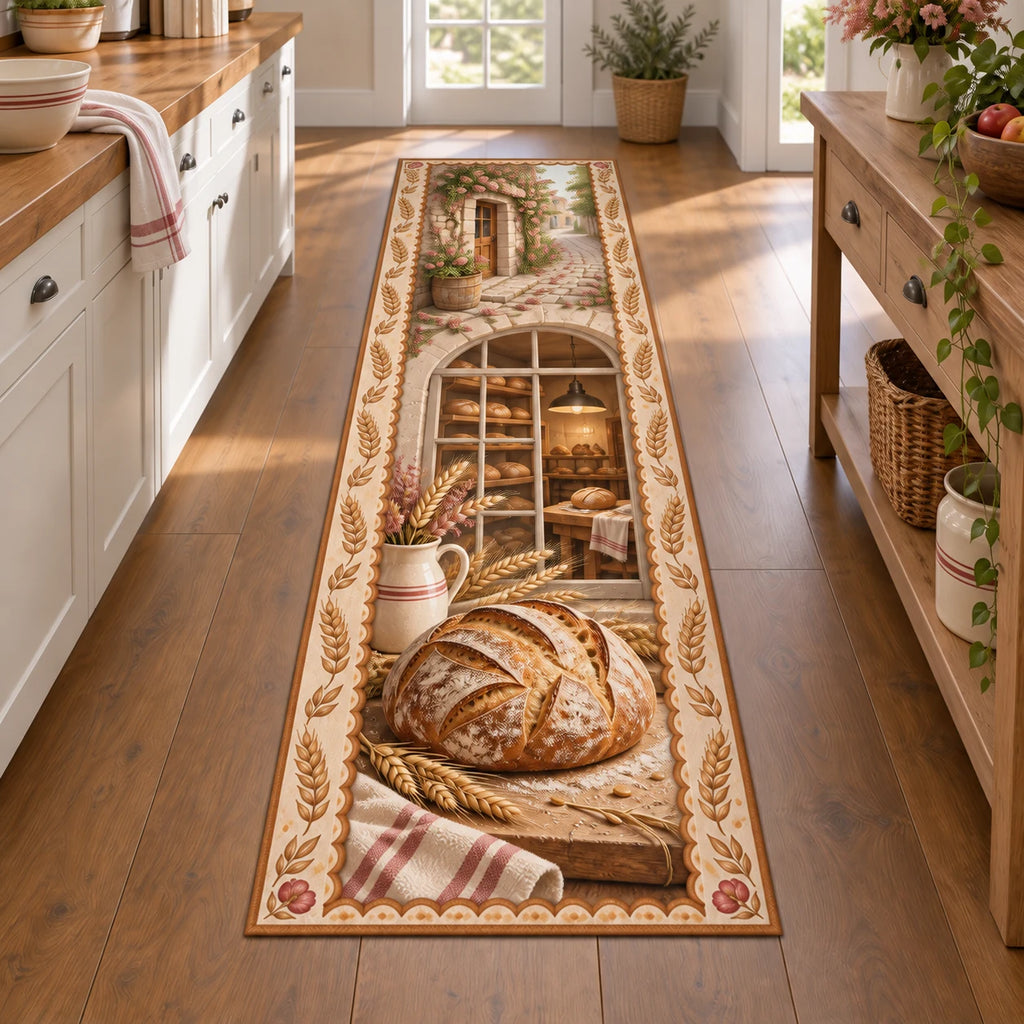 Runner Rug with printed sourdough loaf, bakery window and wheat border in a home baking kitchen