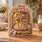 Wooden Block 3 Layer with printed sourdough loaf, bakery window and wheat framing in a home baking kitchen