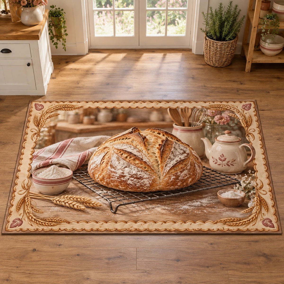 Sourdough Bread Area Rug with dimensional printed artwork in a coordinated home setting