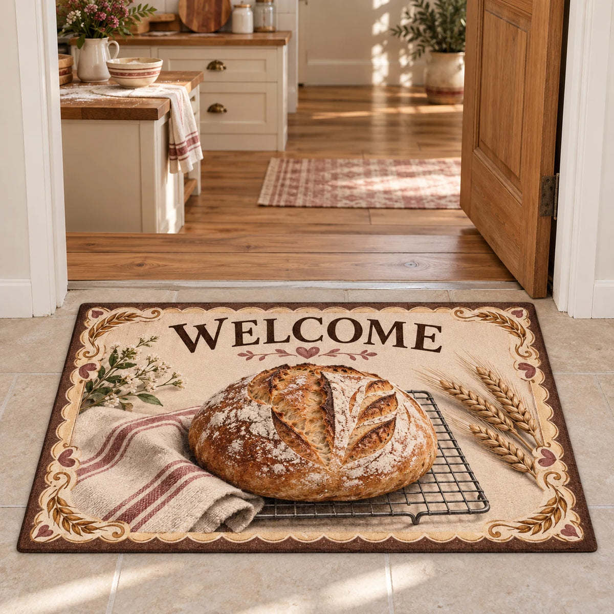 Sourdough Bread Welcome Doormat with dimensional printed artwork in a coordinated home setting