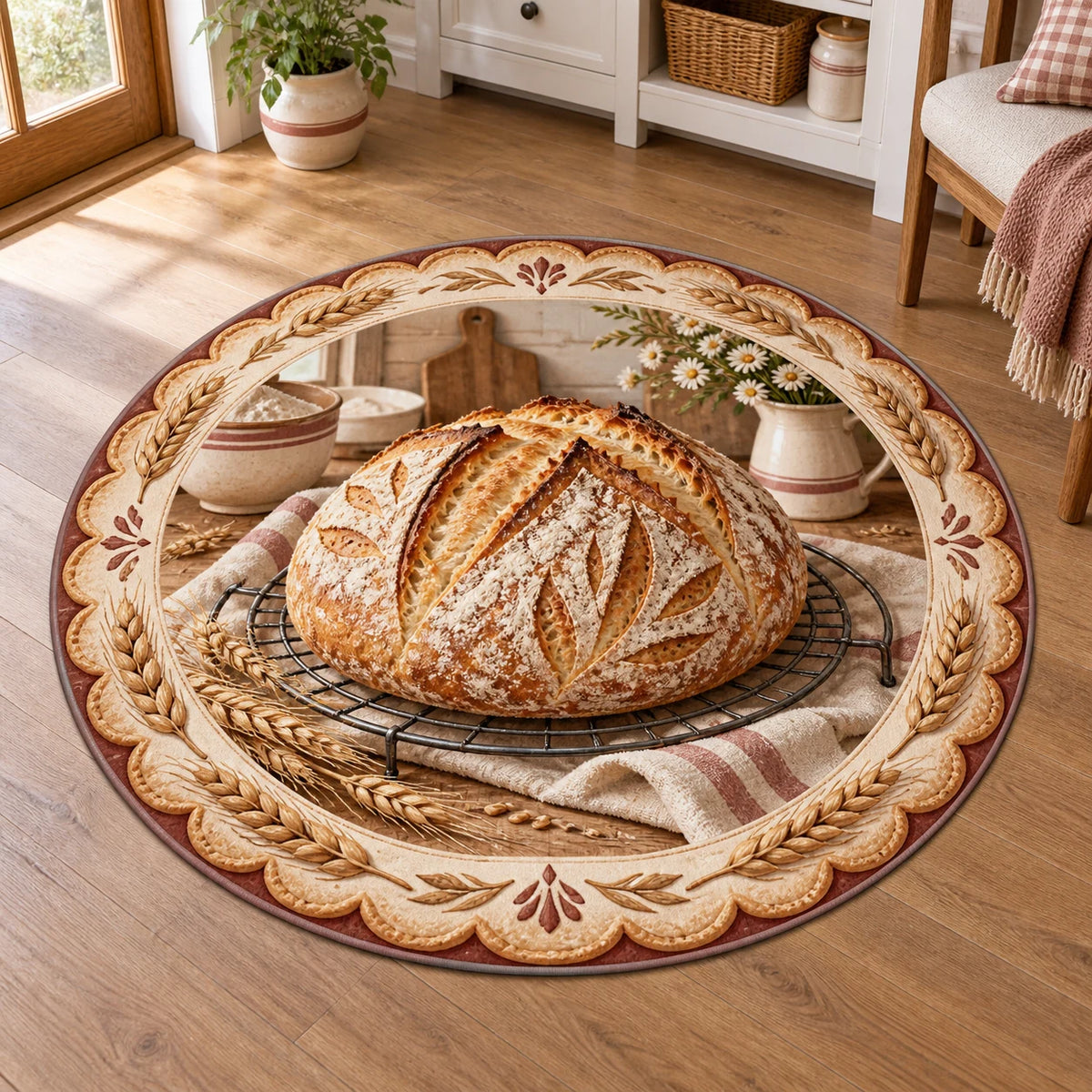 Sourdough Bread Round Mat Rug with dimensional printed artwork in a coordinated home setting