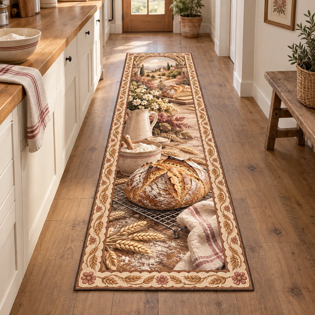 Sourdough Bread Runner Rug with dimensional printed artwork in a coordinated home setting