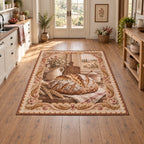Sourdough loaf area rug with wheat accents and warm vintage kitchen artwork