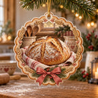 Sourdough loaf christmas ornament with wheat accents and warm vintage kitchen artwork