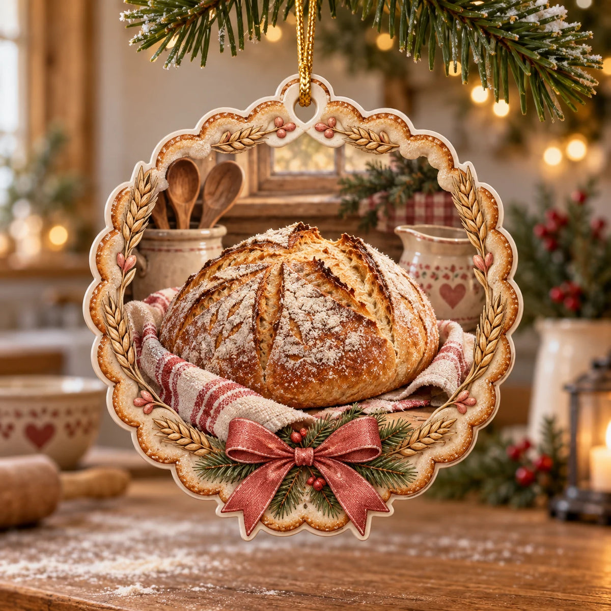 Sourdough loaf christmas ornament with wheat accents and warm vintage kitchen artwork