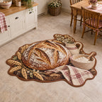 Sourdough loaf custom shape area rug with wheat accents and warm vintage kitchen artwork