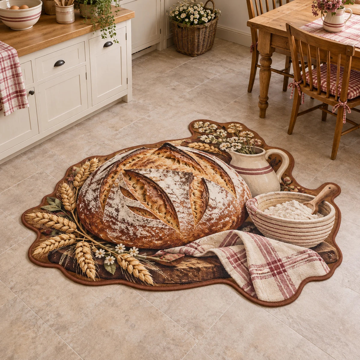 Sourdough loaf custom shape area rug with wheat accents and warm vintage kitchen artwork