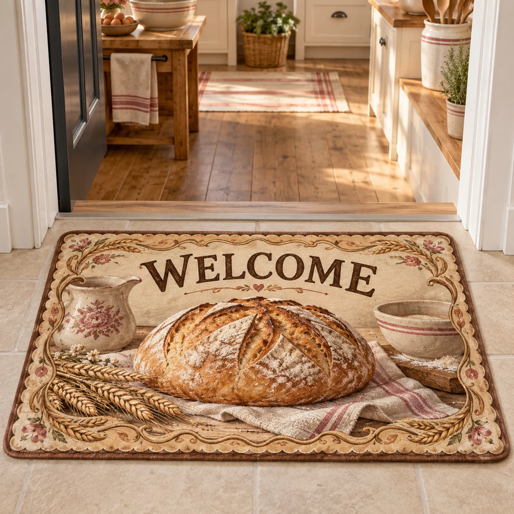 Sourdough loaf doormat with wheat accents and warm vintage kitchen artwork