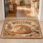 Sourdough loaf doormat with wheat accents and warm vintage kitchen artwork