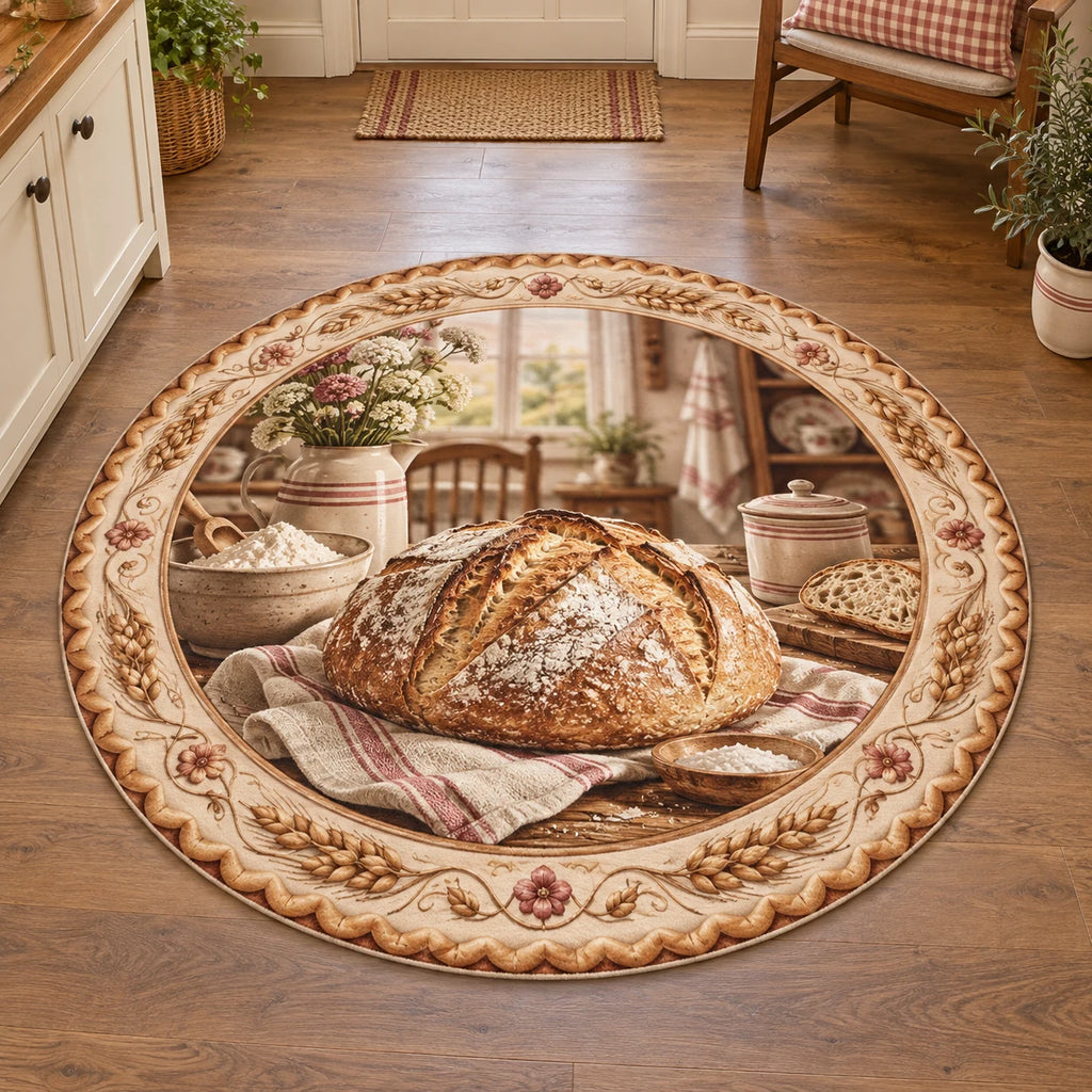 Sourdough loaf round mat rug with wheat accents and warm vintage kitchen artwork