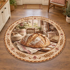Sourdough loaf round mat rug with wheat accents and warm vintage kitchen artwork