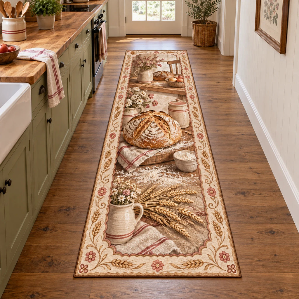 Sourdough loaf runner rug with wheat accents and warm vintage kitchen artwork