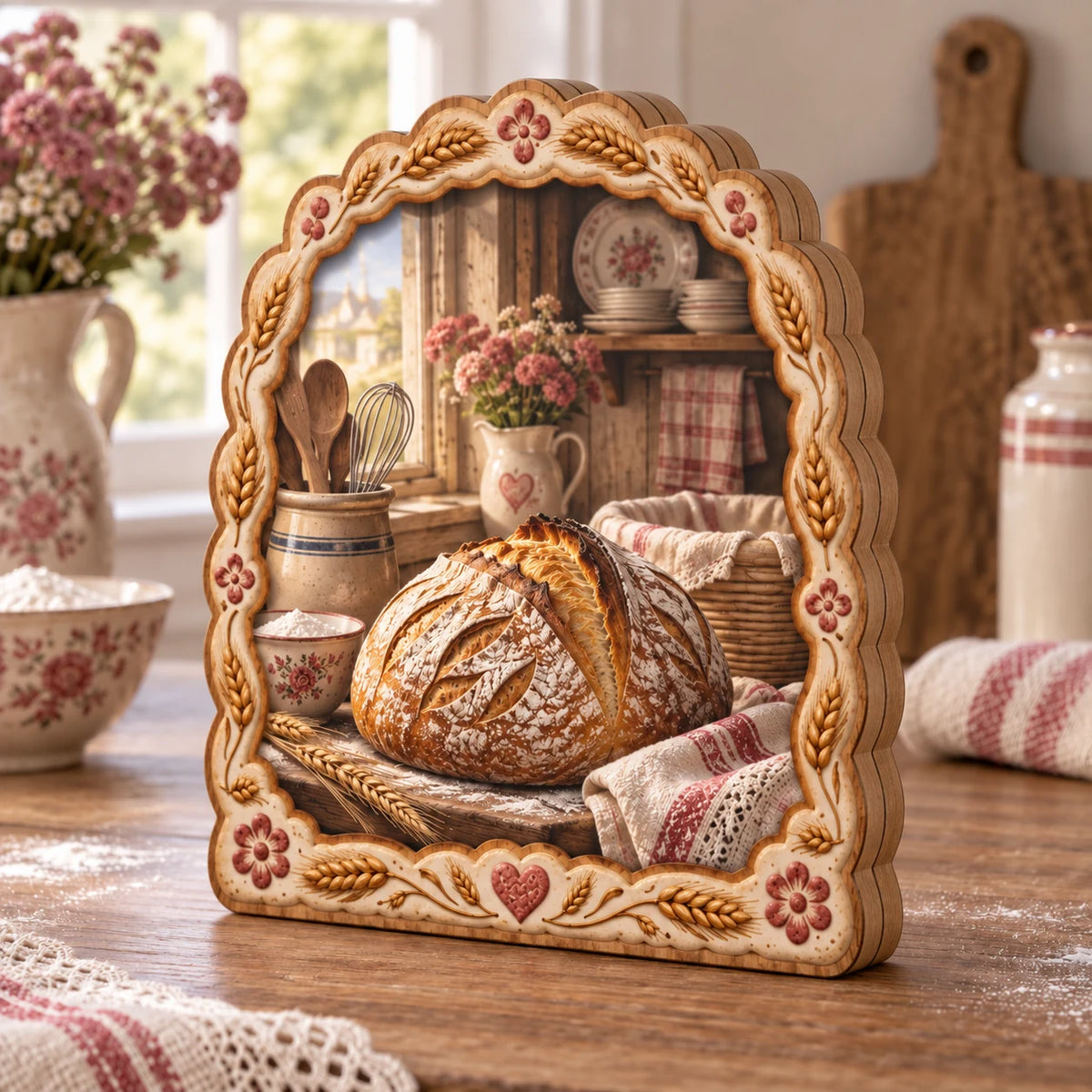 Three-layer sourdough wooden block with wheat floral frame and vintage kitchen print