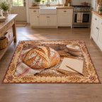 Sourdough Loaf Recipe Card Area Rug with dimensional printed artwork in a matching indoor setting