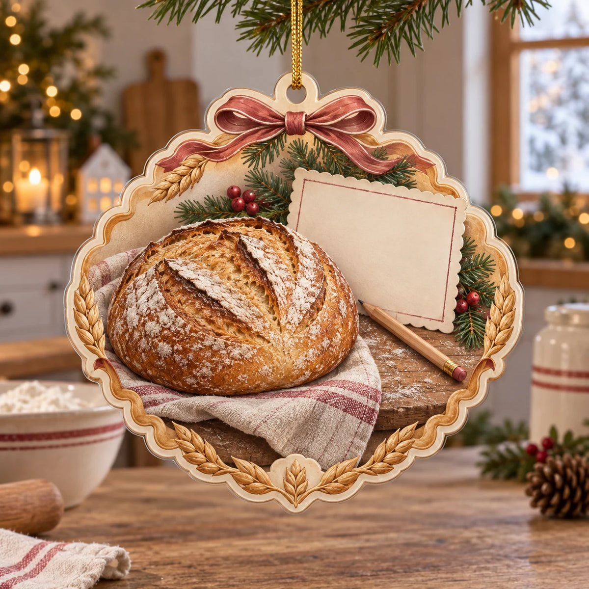 Sourdough Loaf Recipe Card Christmas Ornament with printed 3D depth, golden sourdough, blank illustrated card and wheat details in a baking kitchen.