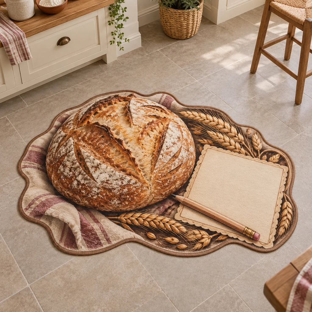 Sourdough Loaf Recipe Card Custom Shape Area Rug with printed 3D depth, golden sourdough, blank illustrated card and wheat details in a baking kitchen.