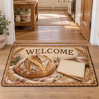 Sourdough Loaf Recipe Card Doormat with printed 3D depth, golden sourdough, blank illustrated card and wheat details in a baking kitchen.