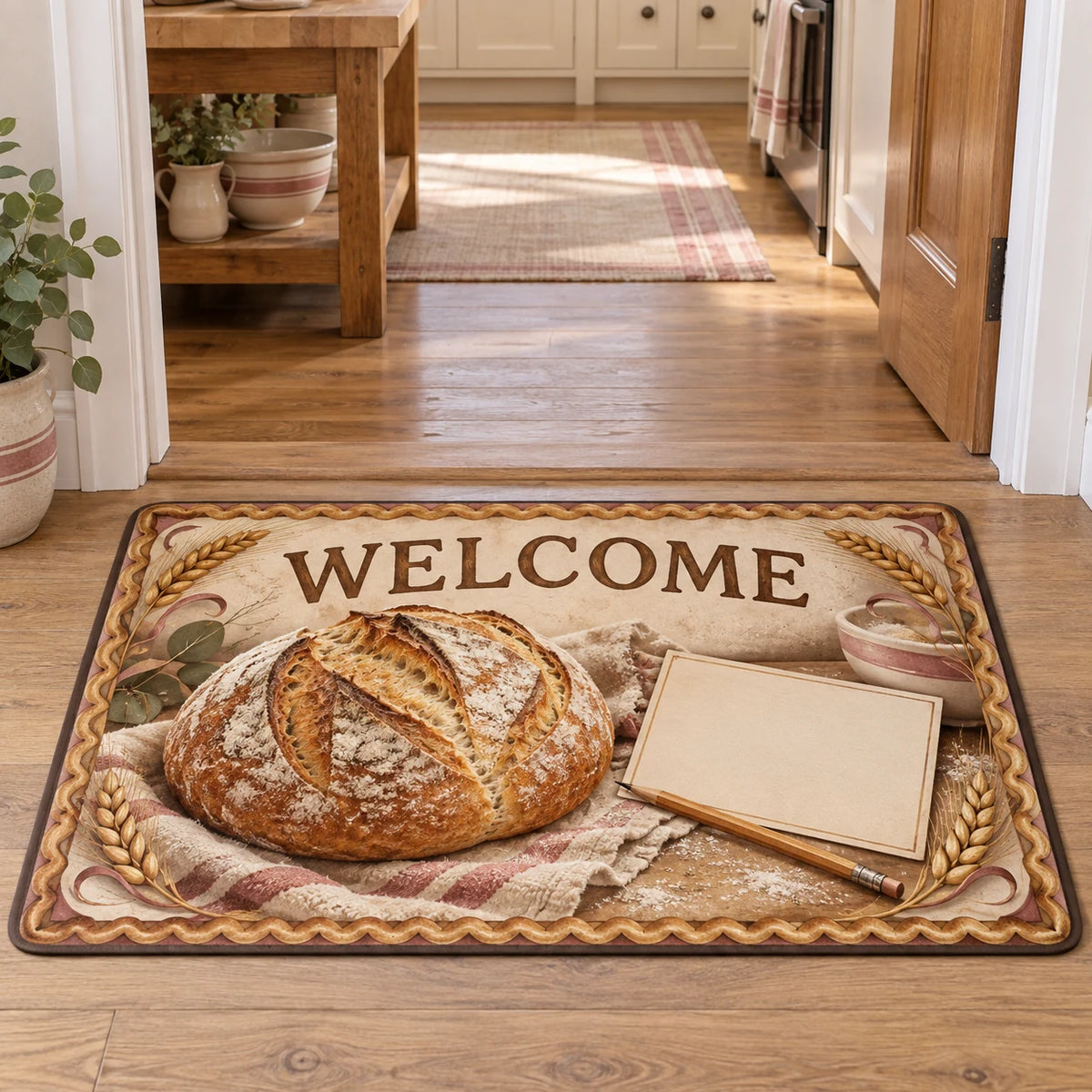 Sourdough Loaf Recipe Card Doormat with printed 3D depth, golden sourdough, blank illustrated card and wheat details in a baking kitchen.