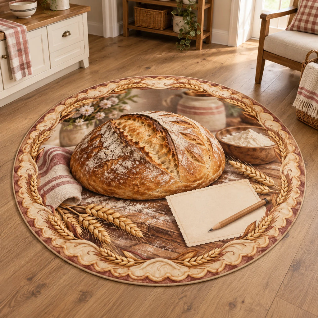 Sourdough Loaf Recipe Card Round Mat Rug with dimensional printed artwork in a matching indoor setting