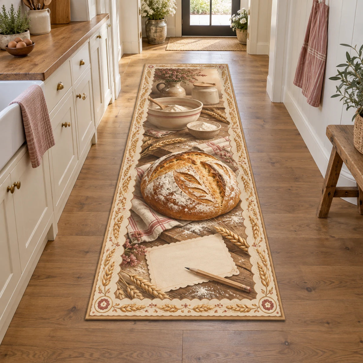 Sourdough Loaf Recipe Card Runner Rug with dimensional printed artwork in a matching indoor setting