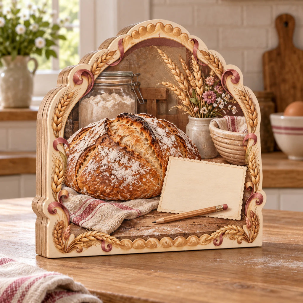 Sourdough Loaf Recipe Card Wooden Block 3 Layer with printed 3D depth, golden sourdough, blank illustrated card and wheat details in a baking kitchen.