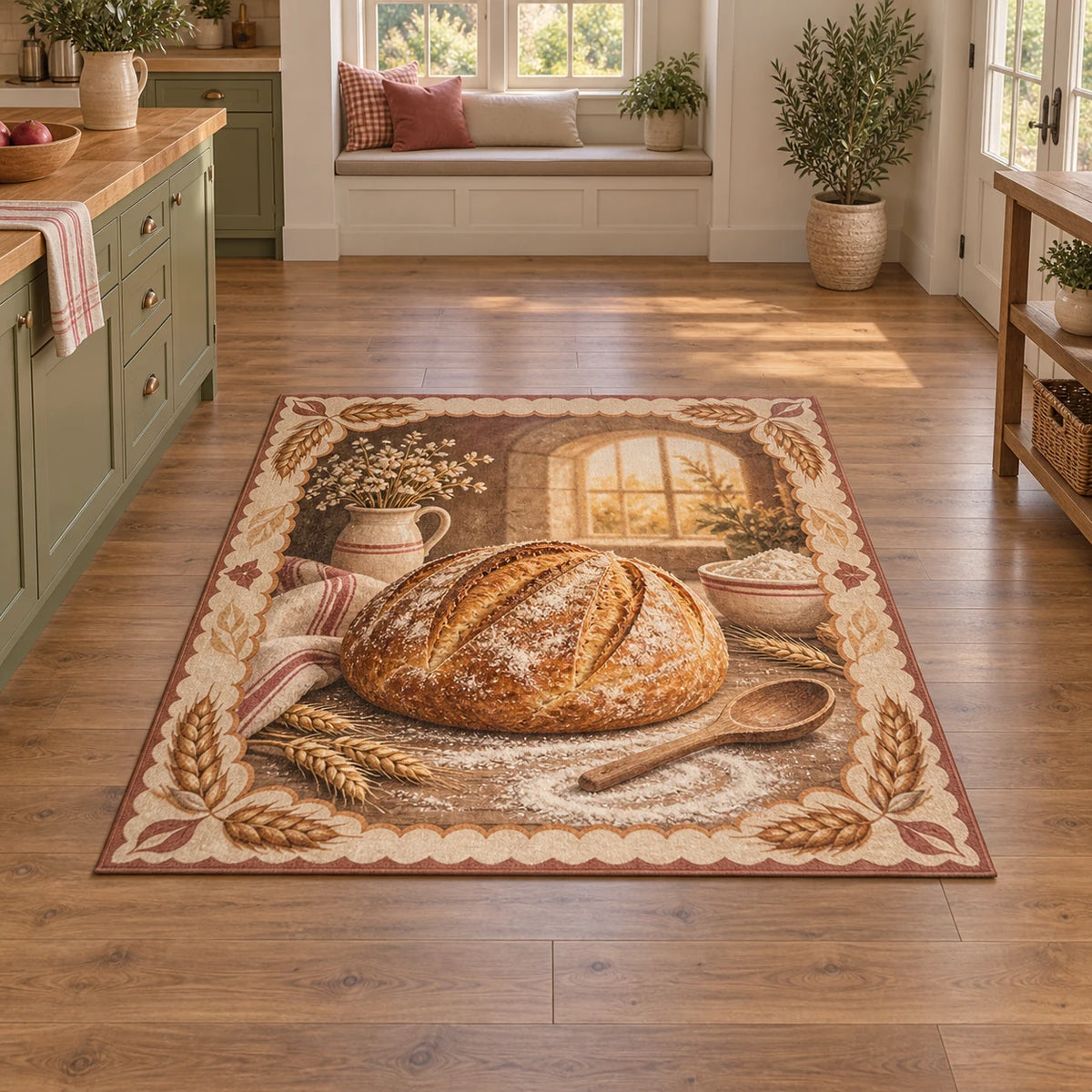 Rectangular sourdough rug with wooden spoon, flour bowl, wheat corner frame and recessed bakery window.