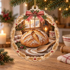 Flat acrylic ornament with sourdough loaf, wooden spoon, red bow artwork, wheat frame and gold hanging cord.
