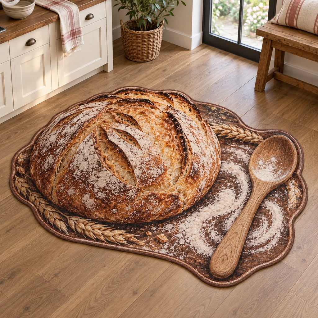 Custom shape rug with golden sourdough loaf, wooden spoon, flour swirl and brown contour binding in a kitchen.