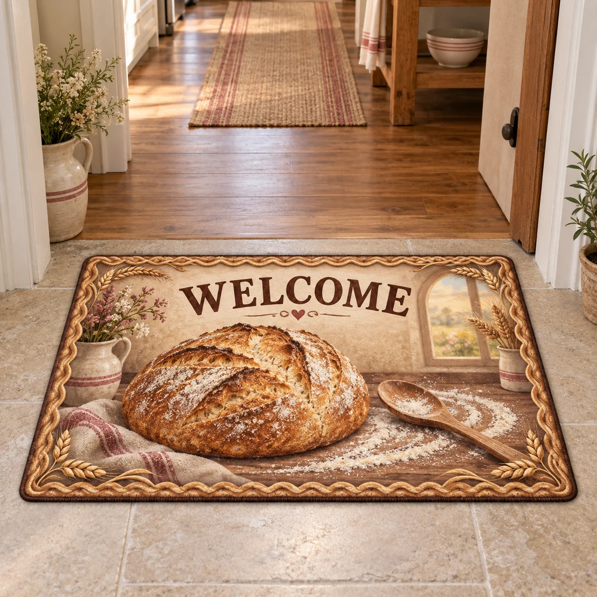 WELCOME doormat with sourdough loaf, wooden spoon and golden wheat border at an interior kitchen doorway.