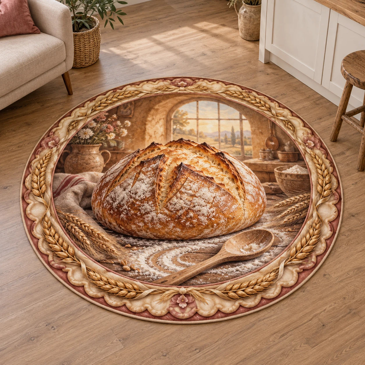 Round rug with scored sourdough loaf, wooden spoon, flour swirl and golden wheat border in a warm kitchen.